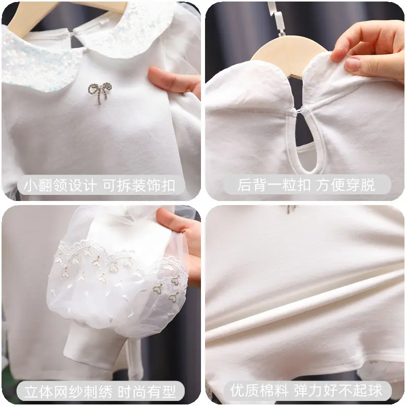 Girls White Cotton Puff Sleeve Top Spring Autumn - Image 9