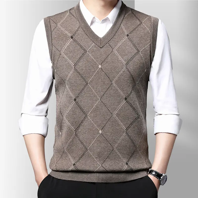 Men Grey V-Neck Knitted Vest 502 Thickened Polyester