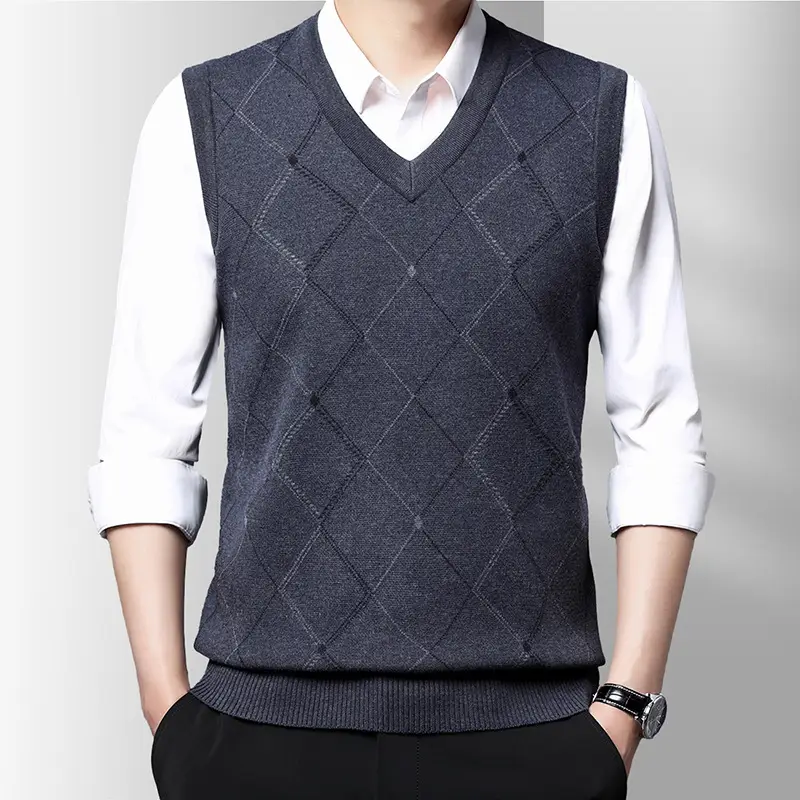 Men Grey V-Neck Knitted Vest 502 Thickened Polyester