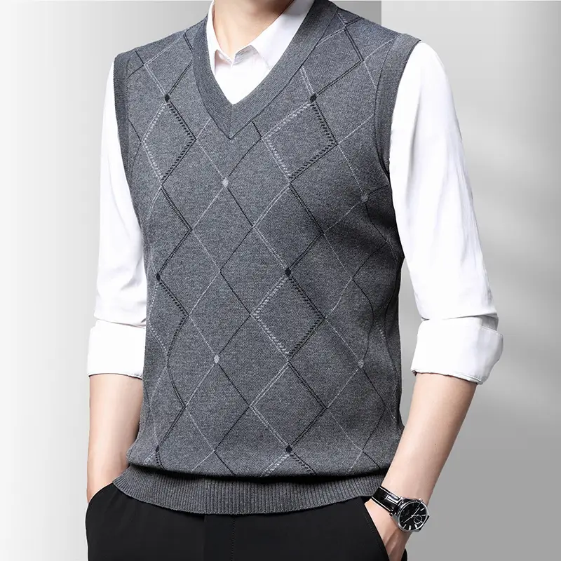 Men Grey V-Neck Knitted Vest 502 Thickened Polyester