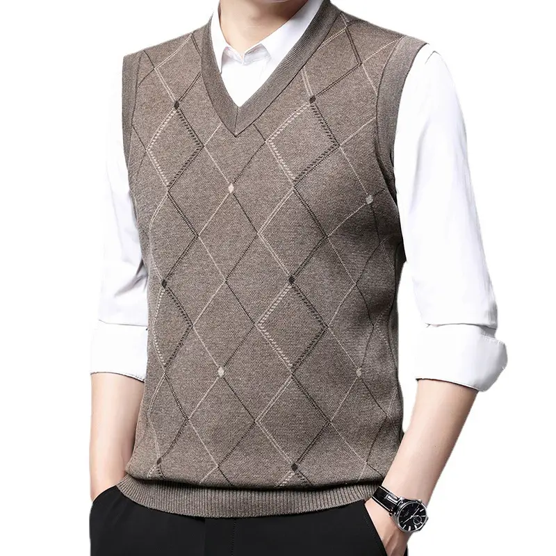 Men Grey V-Neck Knitted Vest 502 Thickened Polyester