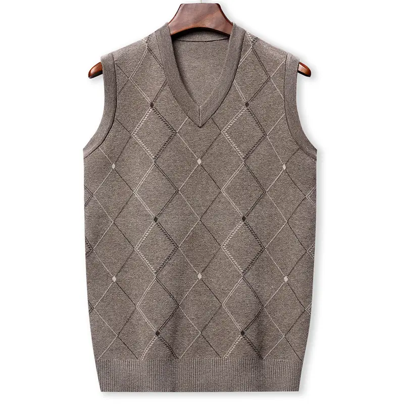 Men Grey V-Neck Knitted Vest 502 Thickened Polyester