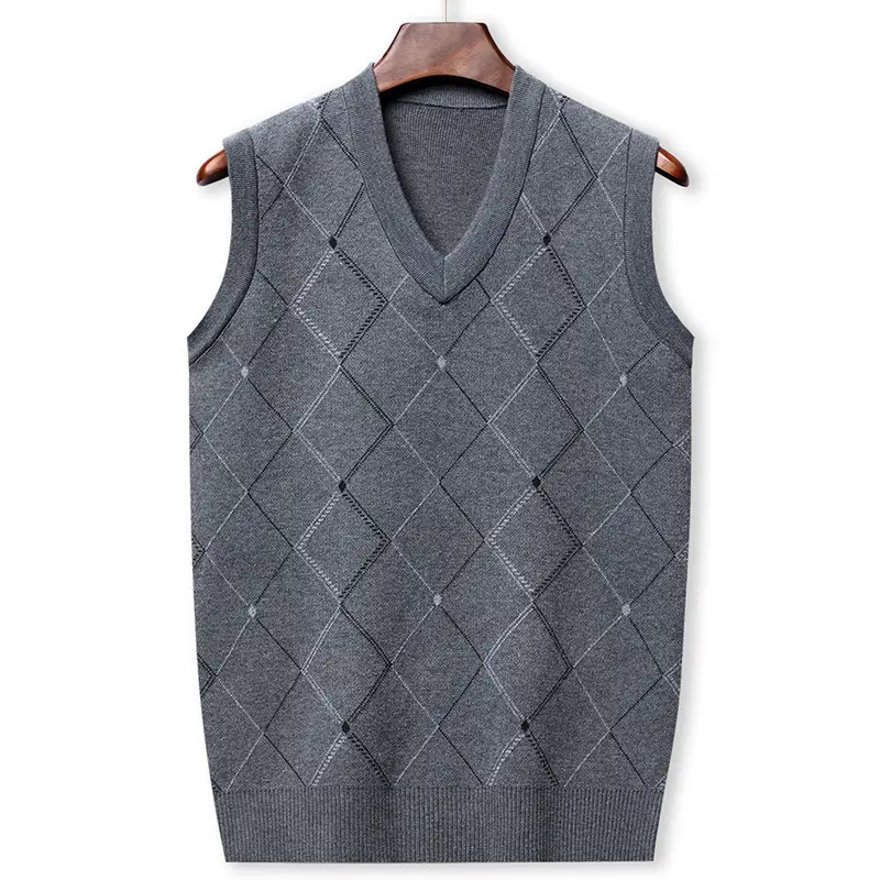 Men Grey V-Neck Knitted Vest 502 Thickened Polyester