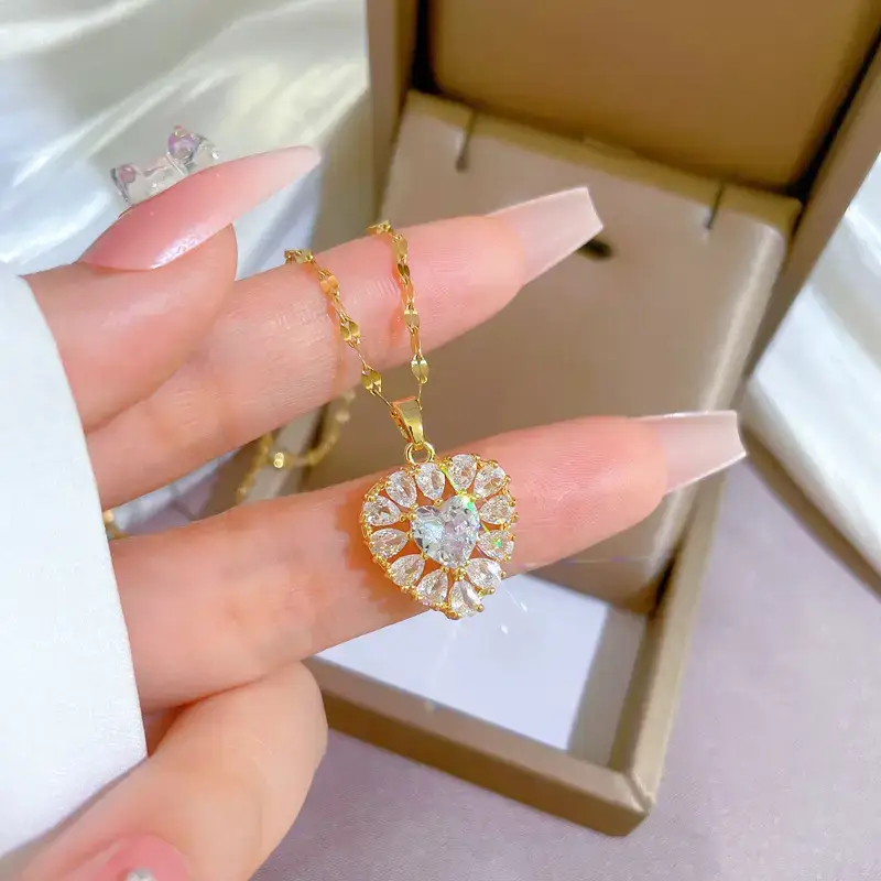 Heart Full Diamond Gold Plated Necklace for Women