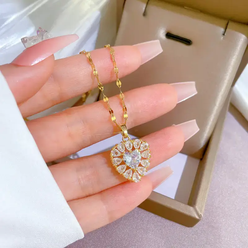 Heart Full Diamond Gold Plated Necklace for Women