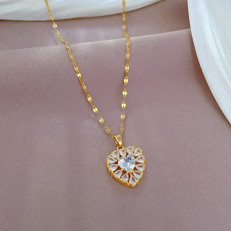 Heart Full Diamond Gold Plated Necklace for Women