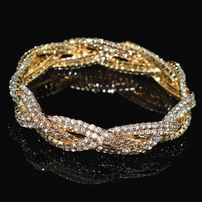 6-Row Full Rhinestone Elastic Bracelet Gold Silver - Image 7