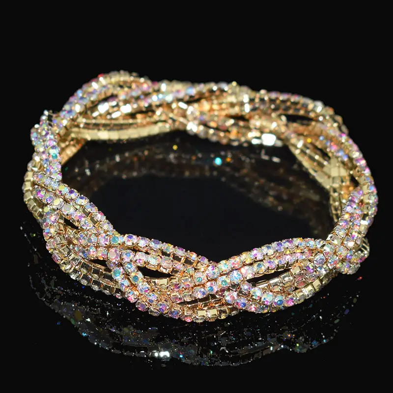 6-Row Full Rhinestone Elastic Bracelet Gold Silver - Image 4
