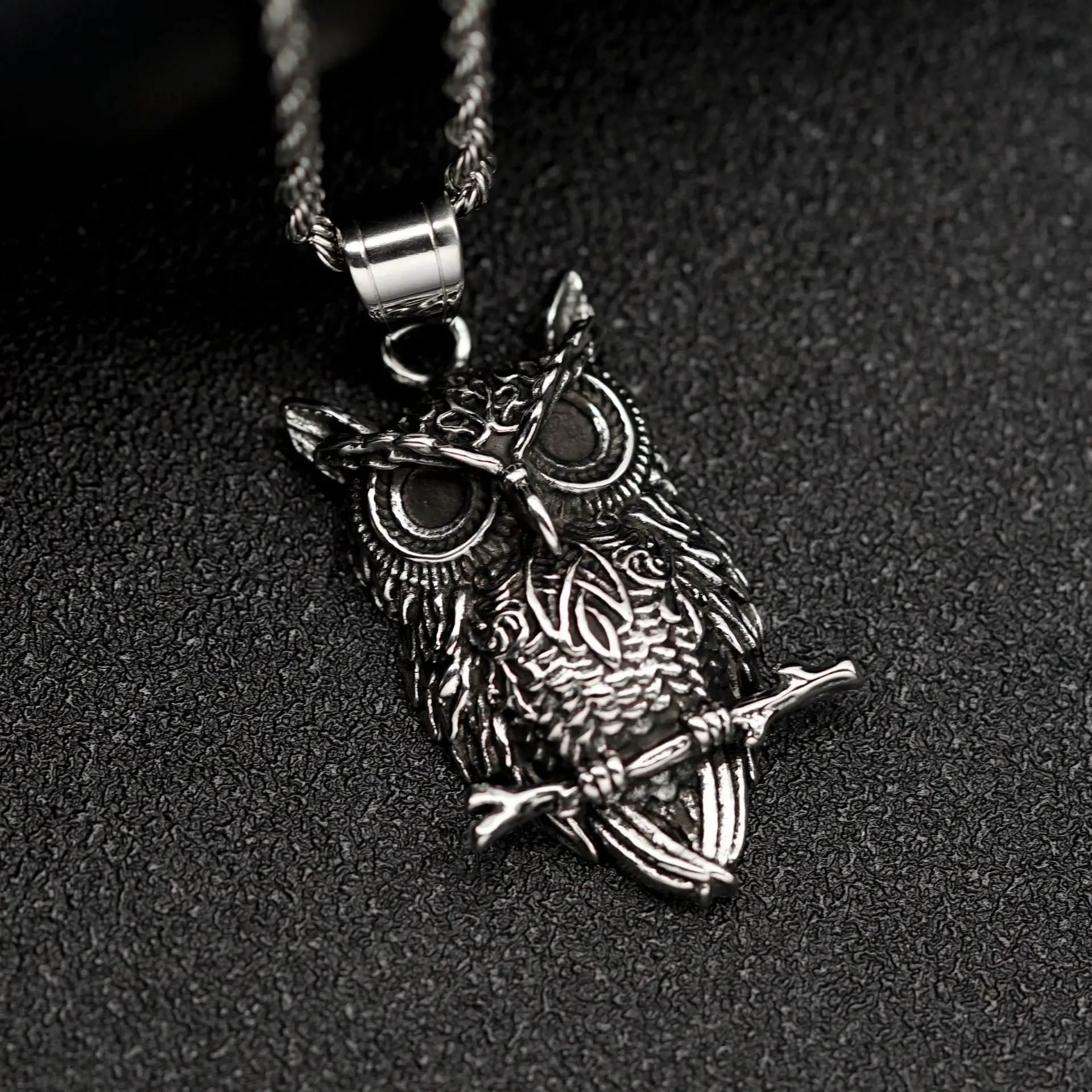 Titanium Steel Owl Pendant Necklace Black Retro Design