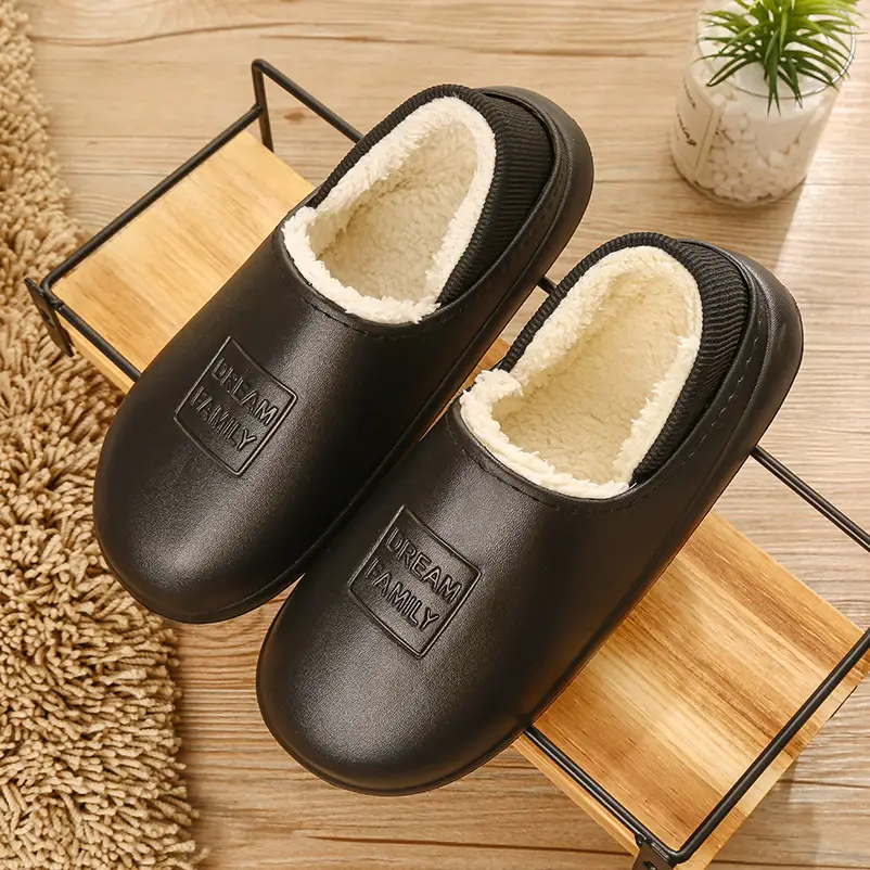 Thick-Soled Autumn and Winter Cotton Slippers with Heel, Non-Slip Cotton Shoes for Indoor and Outdoor Use, Waterproof, Couple's Home Slippers, Fleece-Lined, Casual Home Wear
