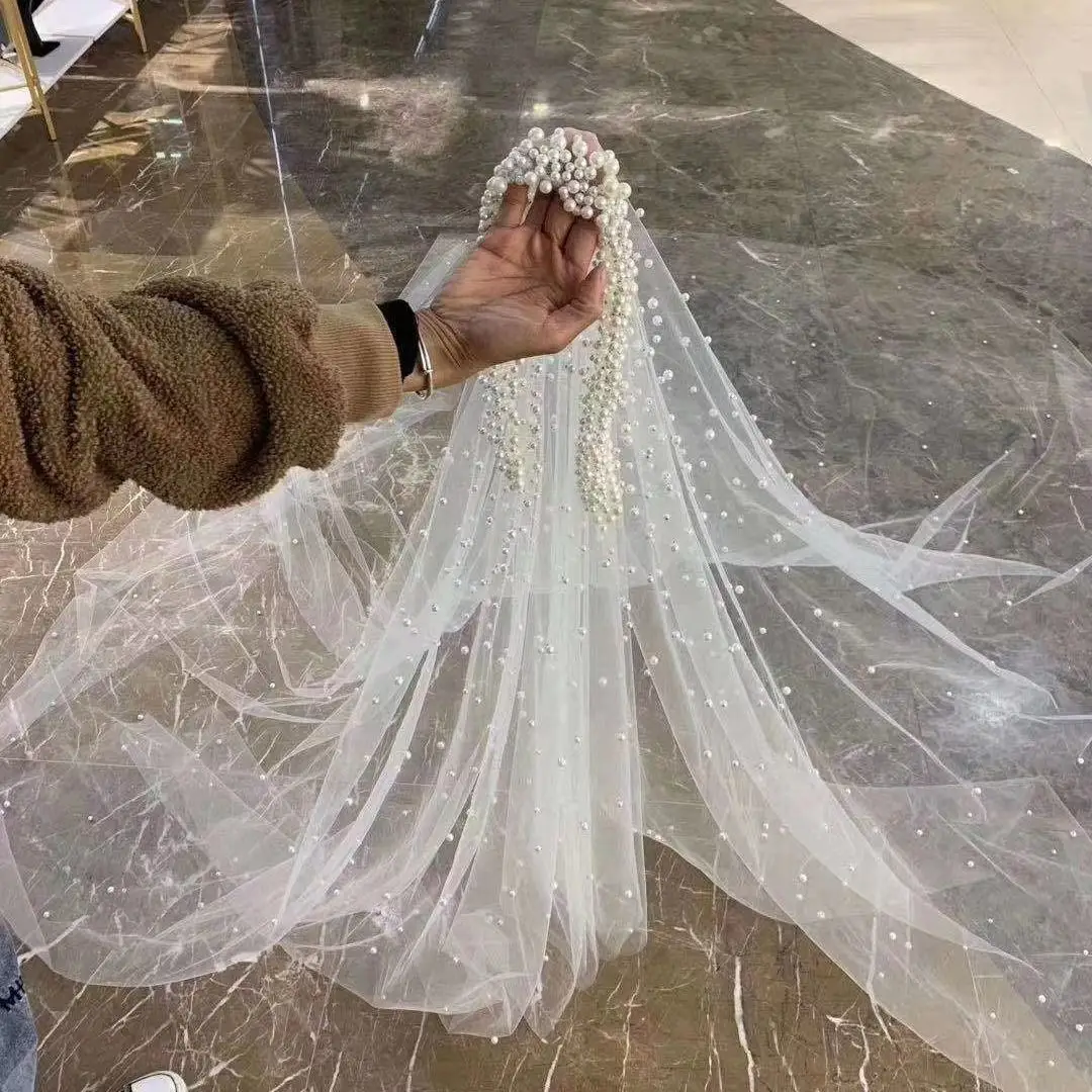 White Beaded Trailing Veil for Bridal Gown - Image 4