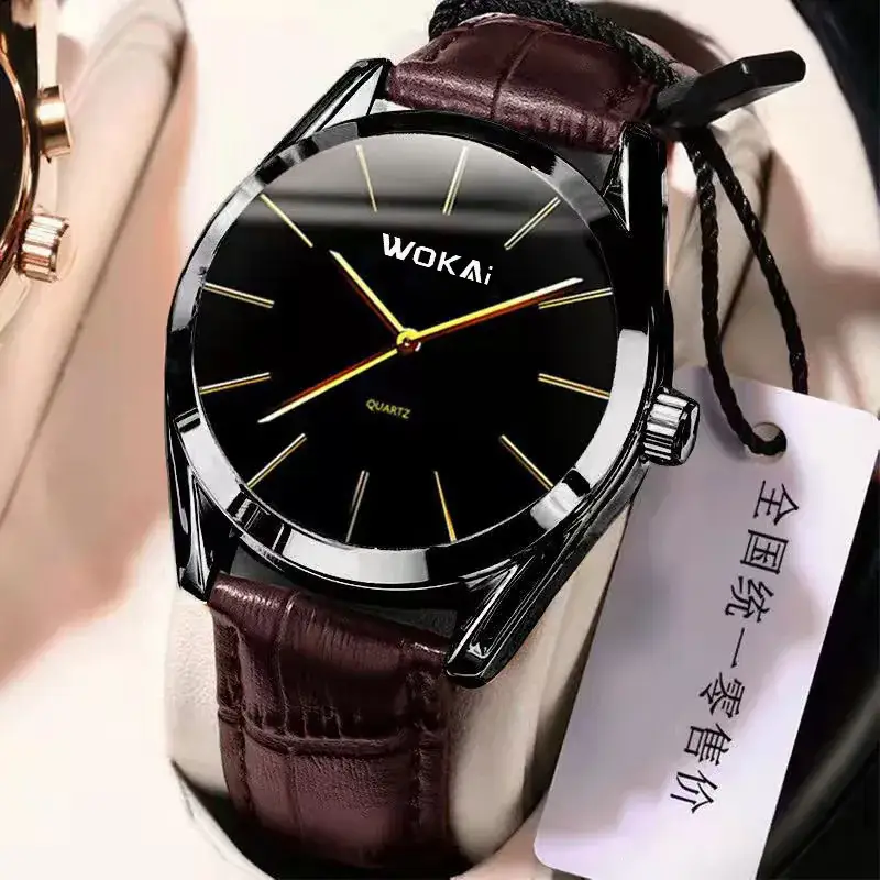 Wokai Men's Black Leather Strap Quartz Watch - Image 4