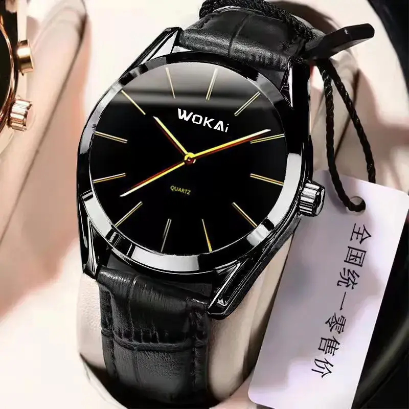 Wokai Men's Black Leather Strap Quartz Watch - Image 2