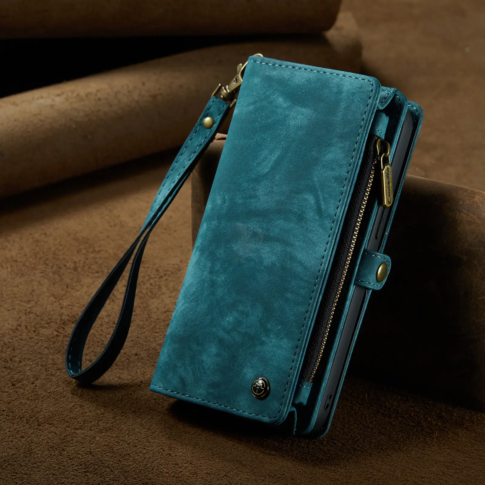 Blue Suede Zipper Wallet Phone Case for iPhone 14 Pro Max