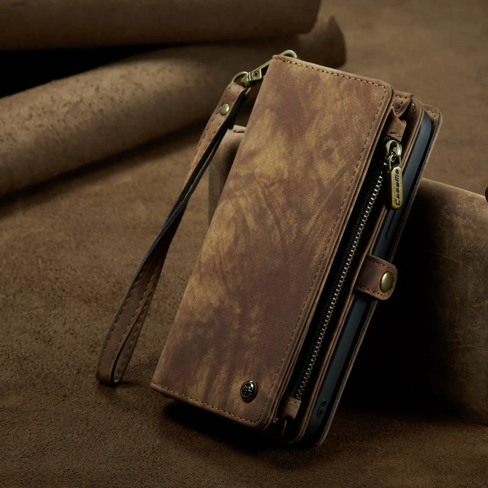 Blue Suede Zipper Wallet Phone Case for iPhone 14 Pro Max