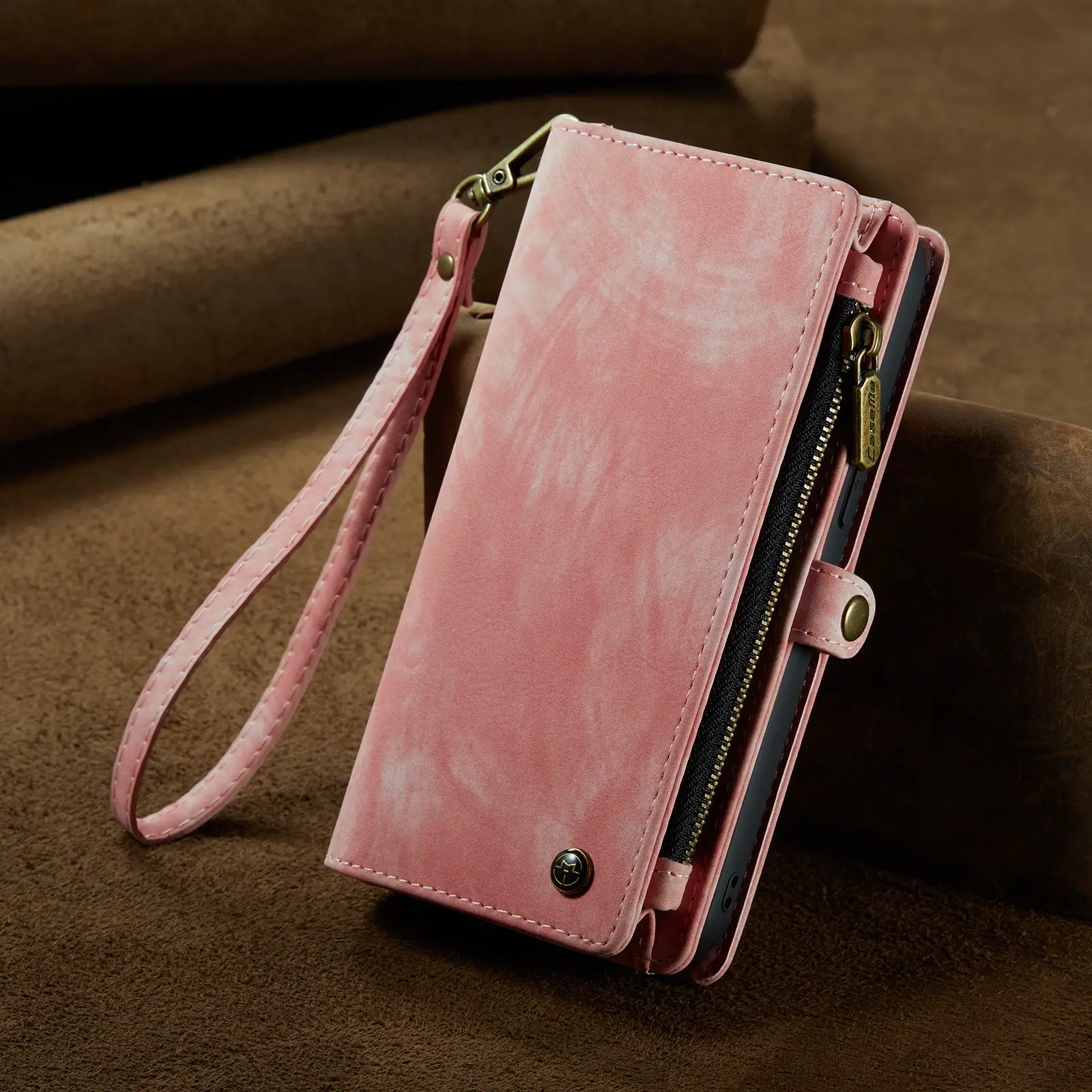 Blue Suede Zipper Wallet Phone Case for iPhone 14 Pro Max