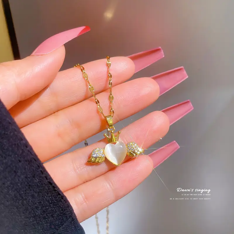 Gold Angel Wing Necklace with Heart Opal Pendant