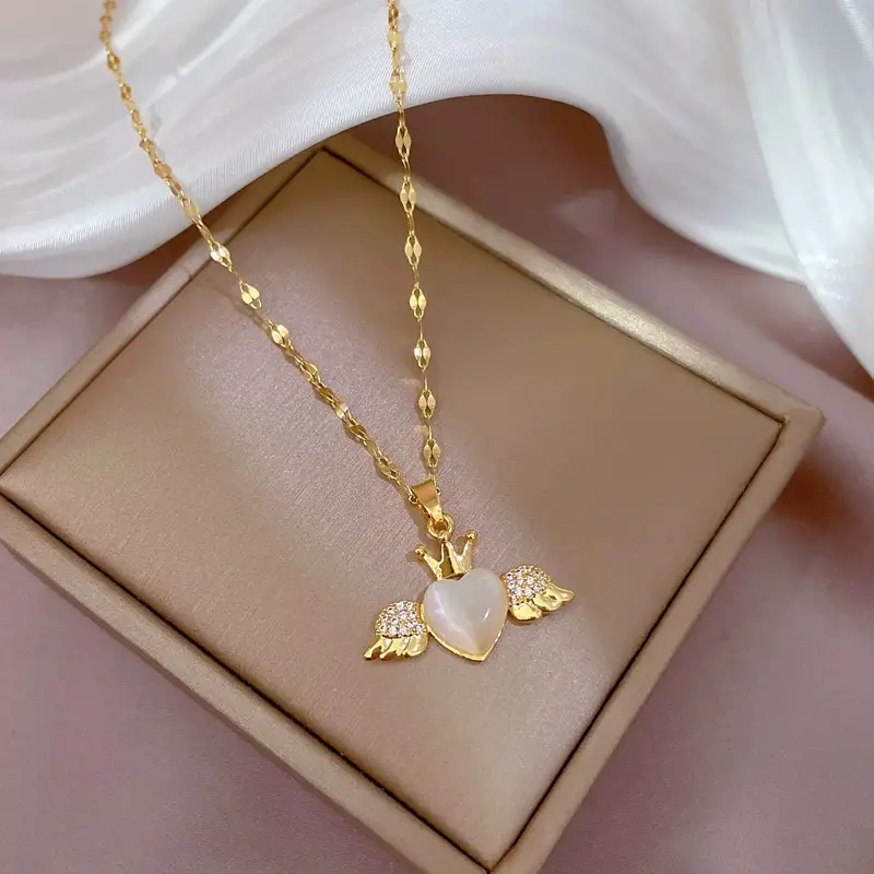 Gold Angel Wing Necklace with Heart Opal Pendant