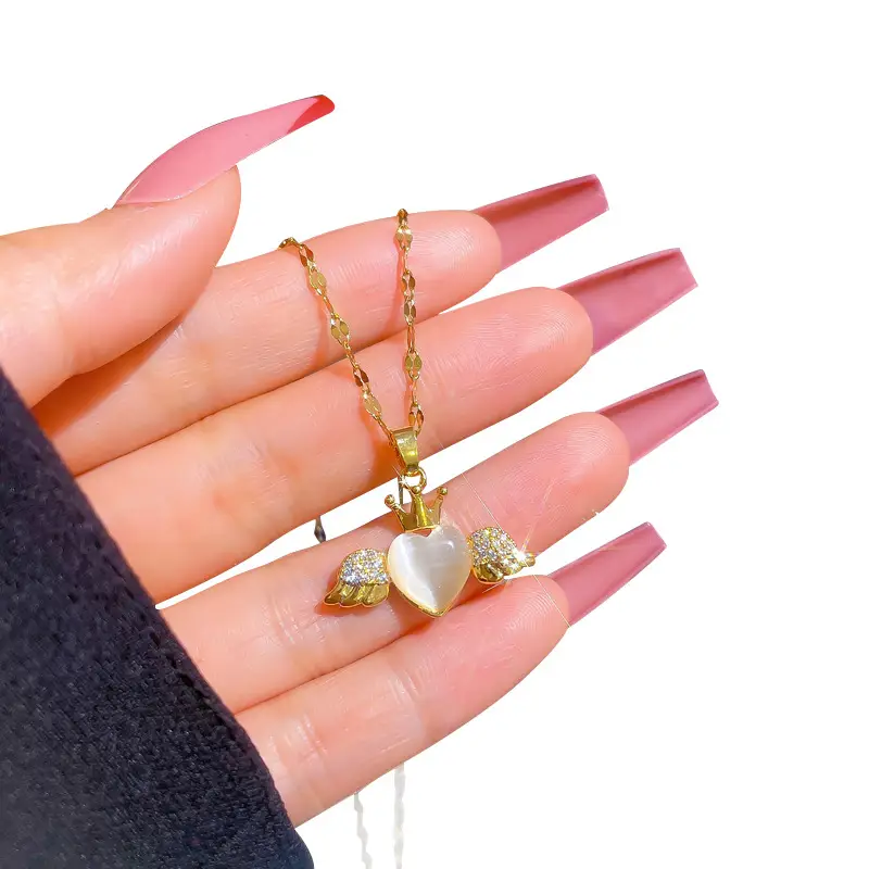 Gold Angel Wing Necklace with Heart Opal Pendant