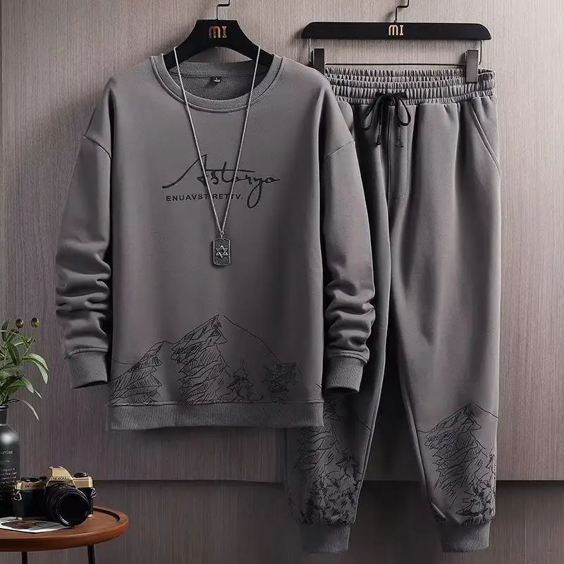 Men Snow Mountain Sweatshirt Set White Black Cotton Autumn - Image 10