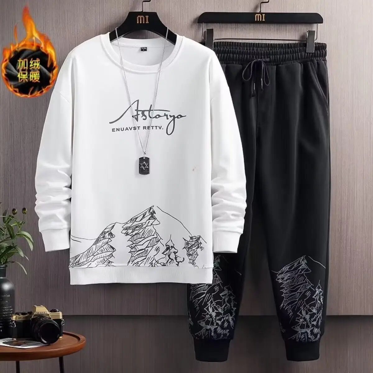 Men Snow Mountain Sweatshirt Set White Black Cotton Autumn - Image 4