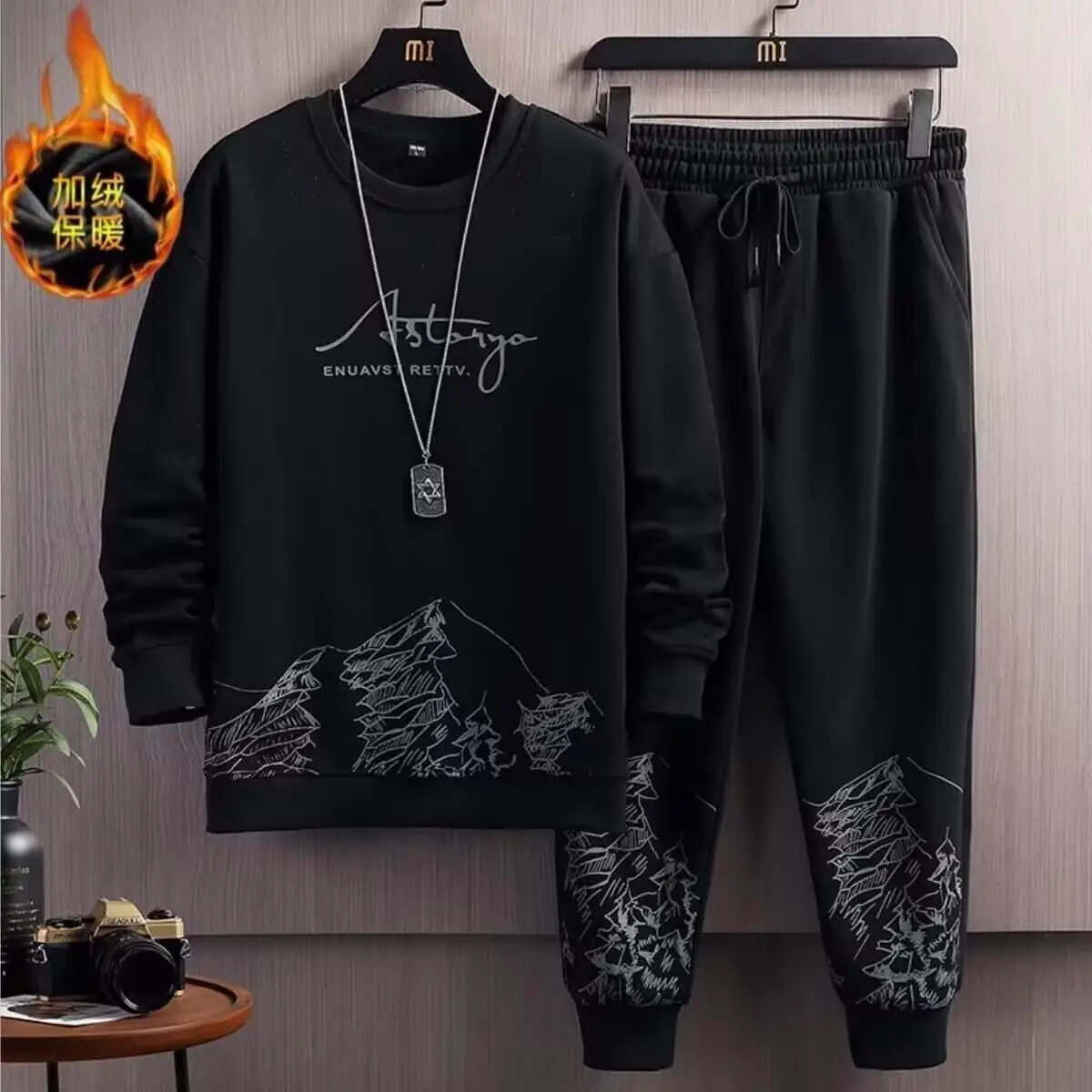 Men Snow Mountain Sweatshirt Set White Black Cotton Autumn - Image 5
