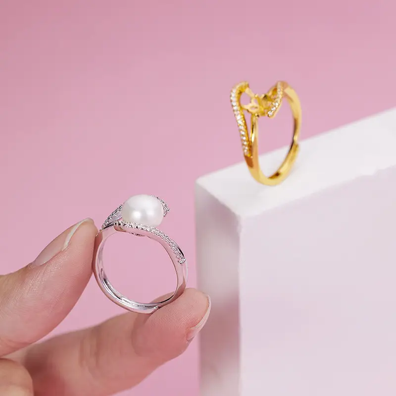 Korean Style Pearl & Diamond Adjustable Ring - Image 2