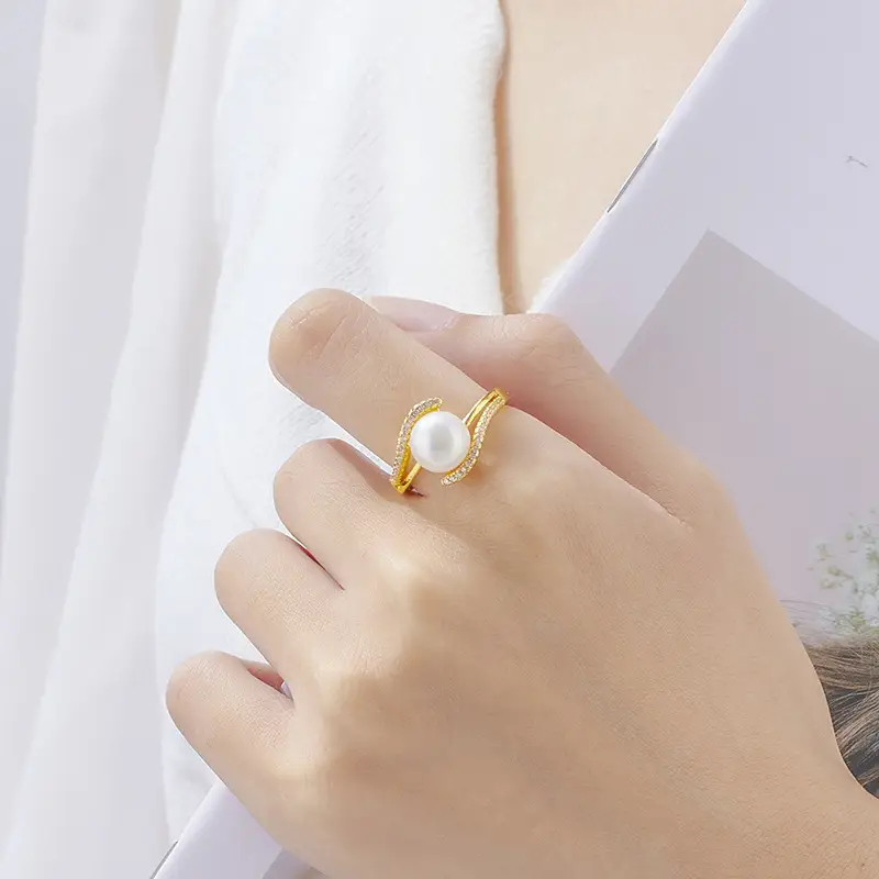 Korean Style Pearl & Diamond Adjustable Ring - Image 3