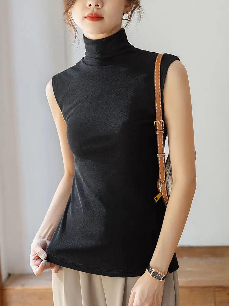 Women's Black Sleeveless High Collar Vest Base Layer Shirt - Image 13