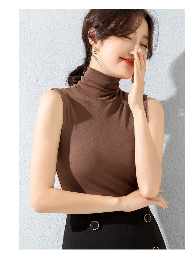 Women's Black Sleeveless High Collar Vest Base Layer Shirt — feature 12