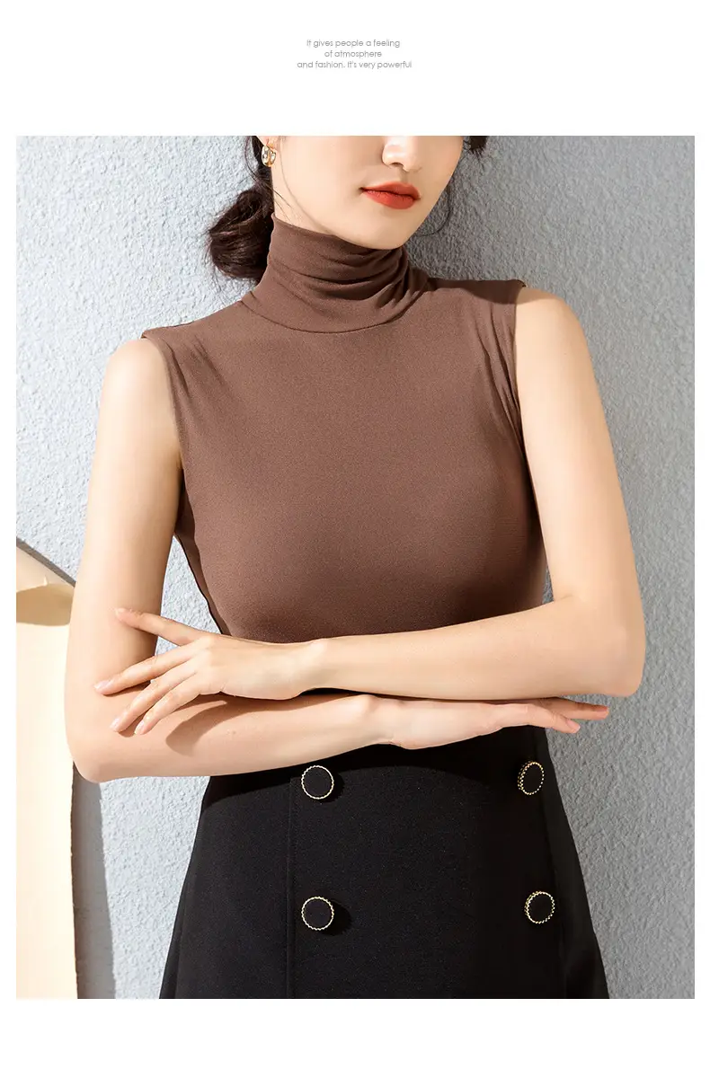 Women's Black Sleeveless High Collar Vest Base Layer Shirt — feature 15