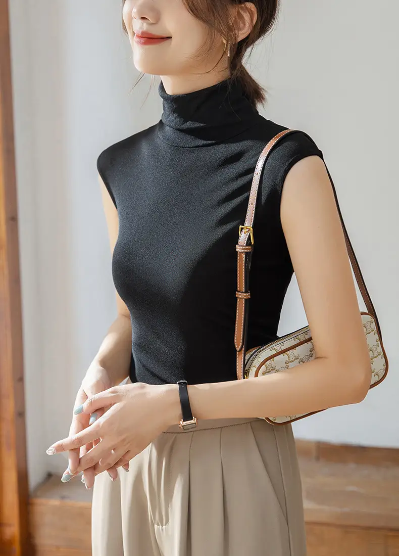 Women's Black Sleeveless High Collar Vest Base Layer Shirt — feature 16