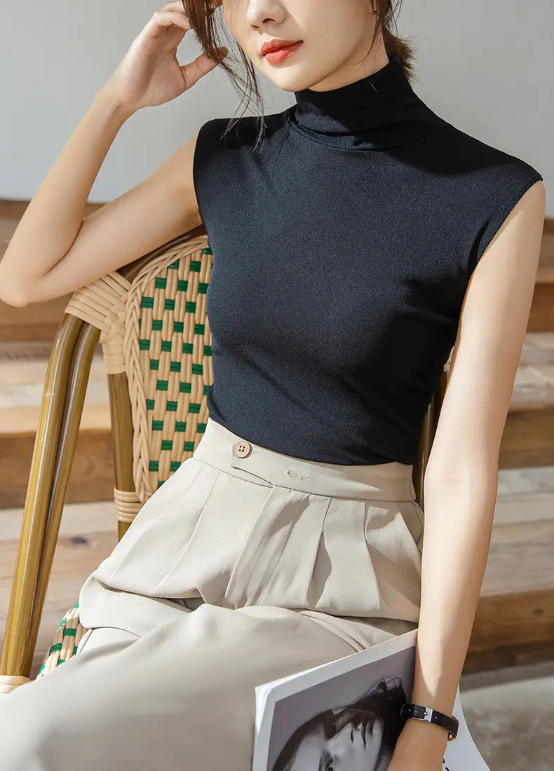 Women's Black Sleeveless High Collar Vest Base Layer Shirt — feature 17