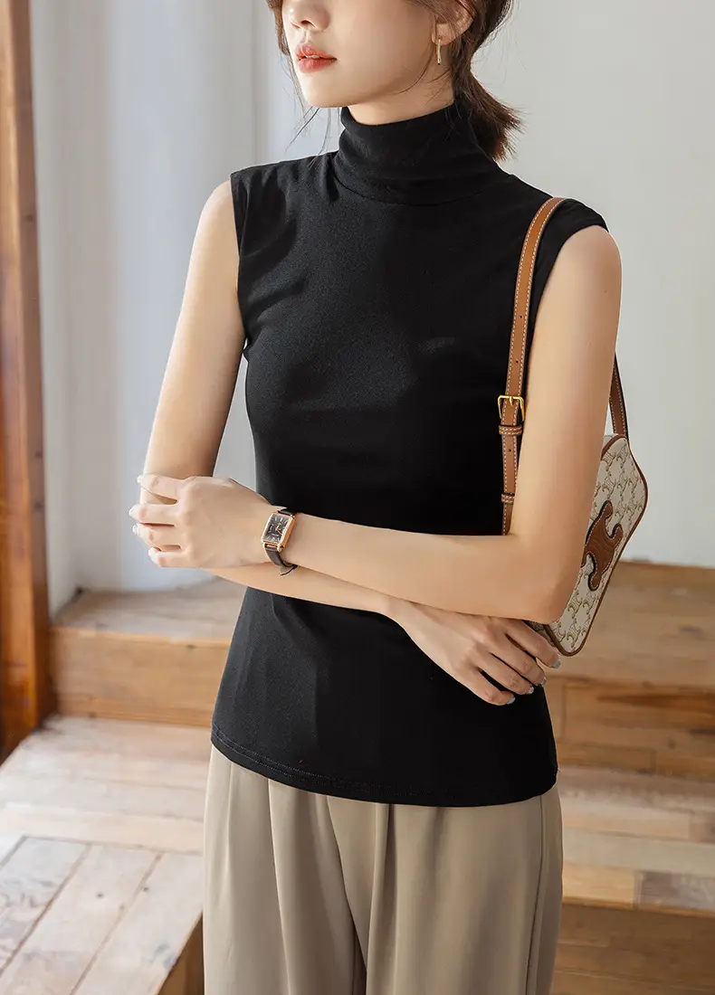 Women's Black Sleeveless High Collar Vest Base Layer Shirt — feature 18