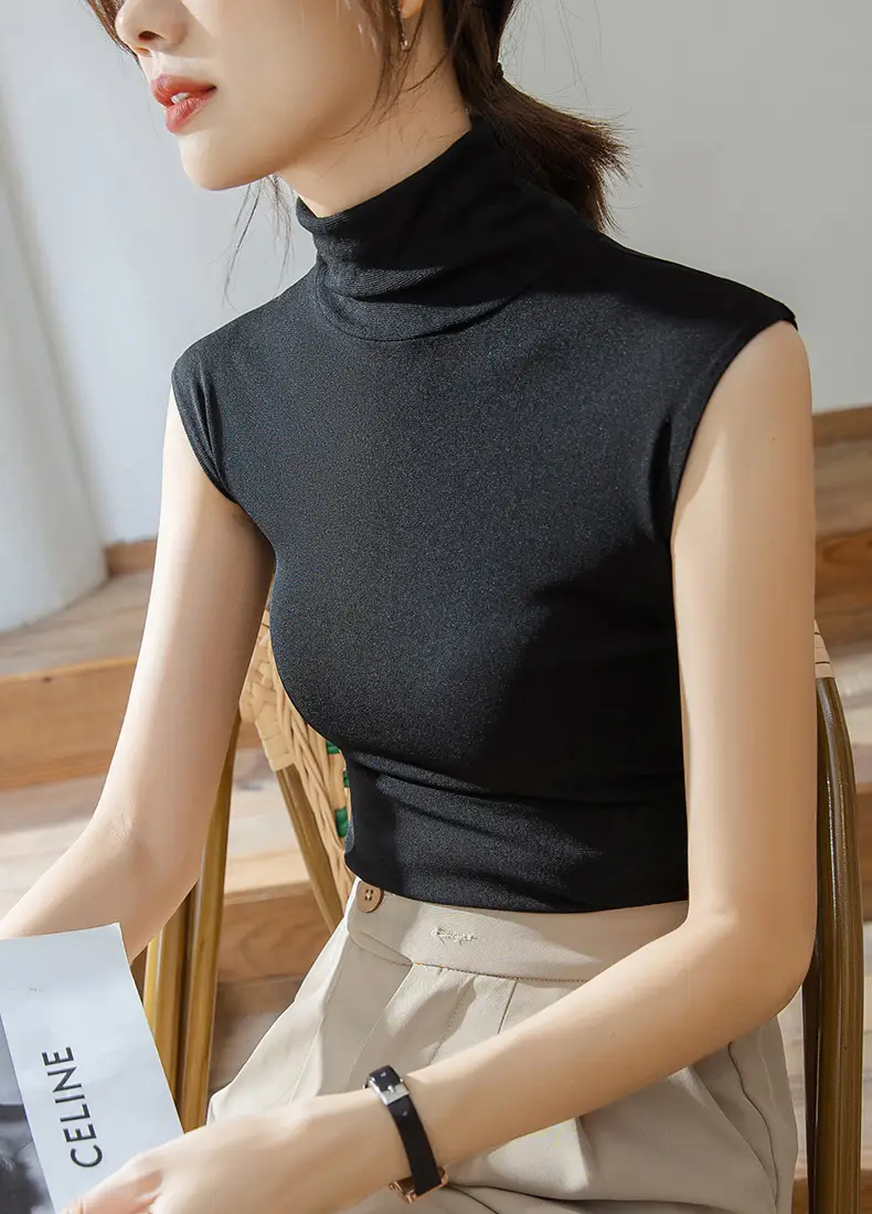 Women's Black Sleeveless High Collar Vest Base Layer Shirt — feature 19