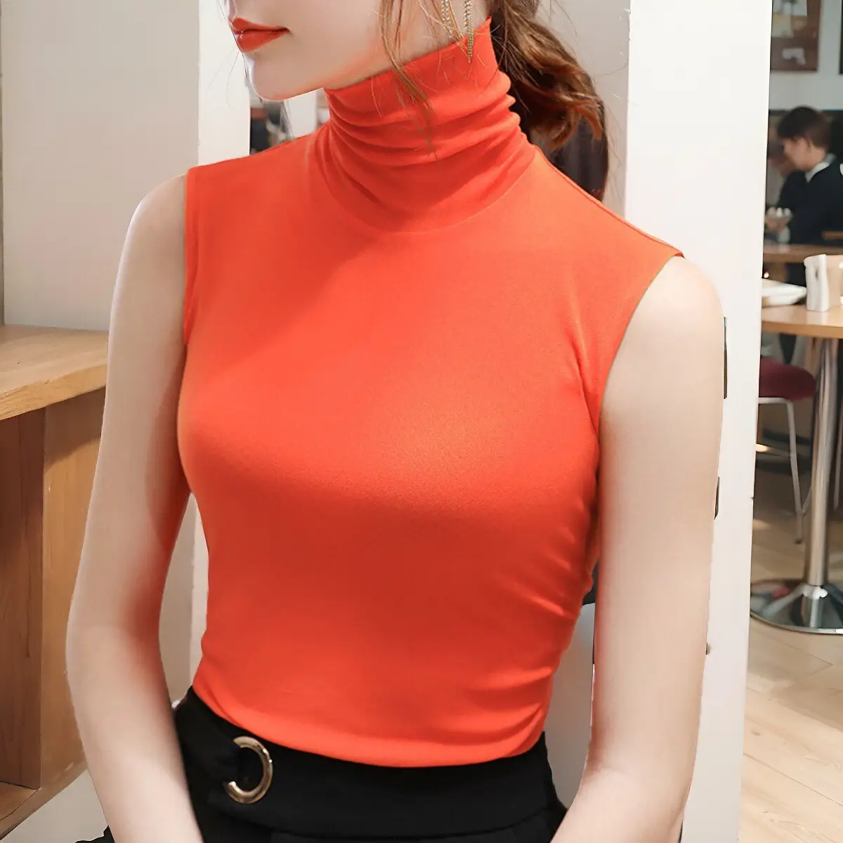 Women's Black Sleeveless High Collar Vest Base Layer Shirt - Image 11
