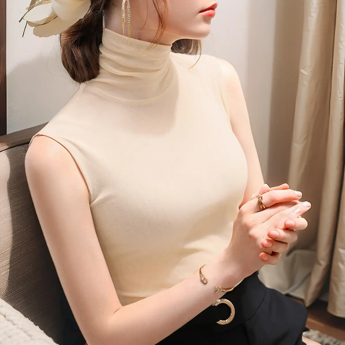 Women's Black Sleeveless High Collar Vest Base Layer Shirt - Image 5