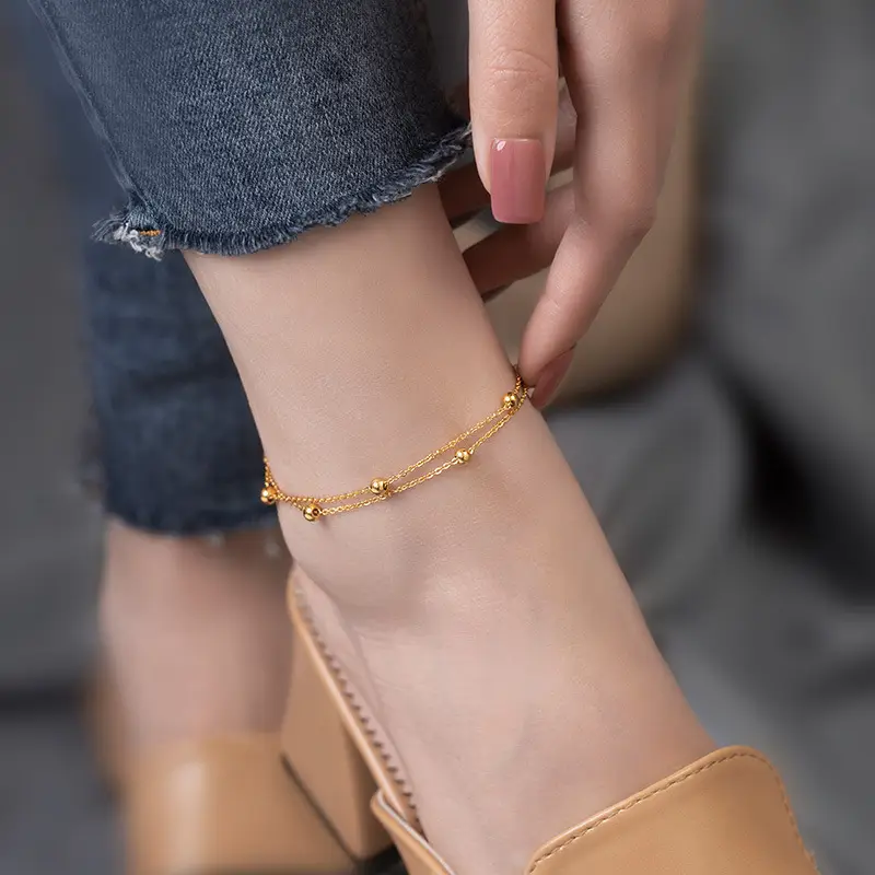 18k Gold Double Layer Transfer Bead Anklet for Women - Image 6
