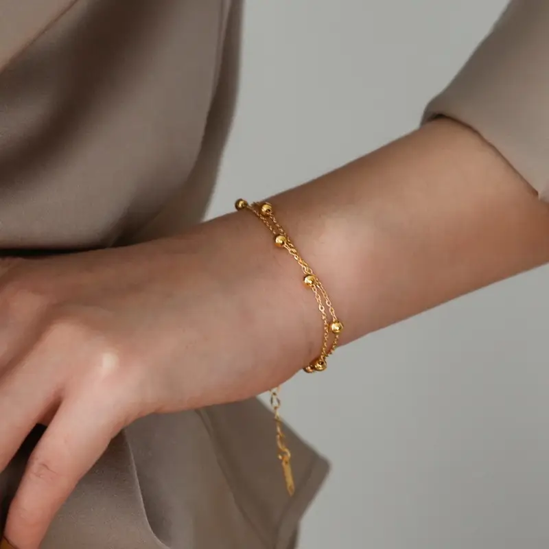 18k Gold Double Layer Transfer Bead Anklet for Women - Image 2