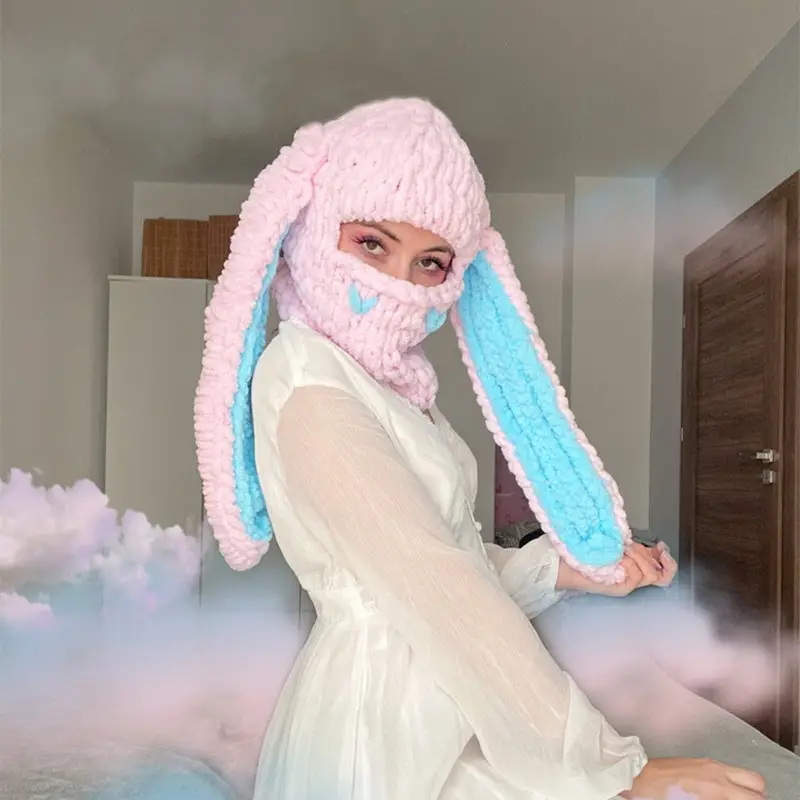 Devil Horn Knitted Warm Headmask with Big Rabbit Ears - Image 10