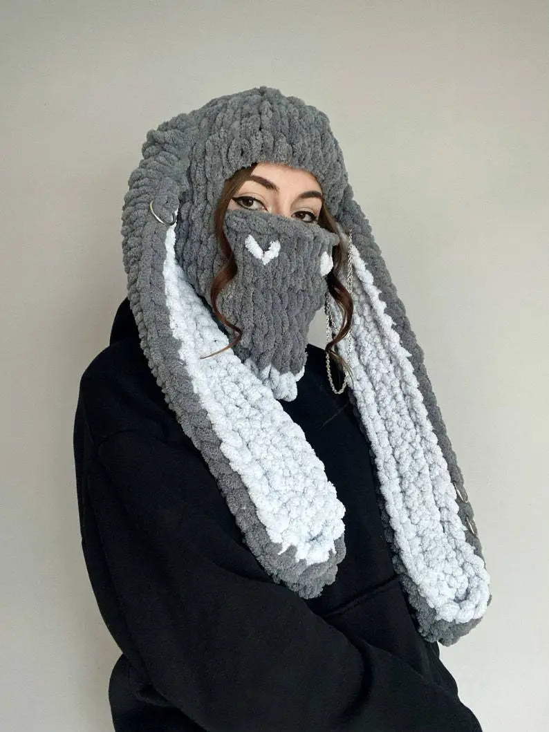 Devil Horn Knitted Warm Headmask with Big Rabbit Ears - Image 14