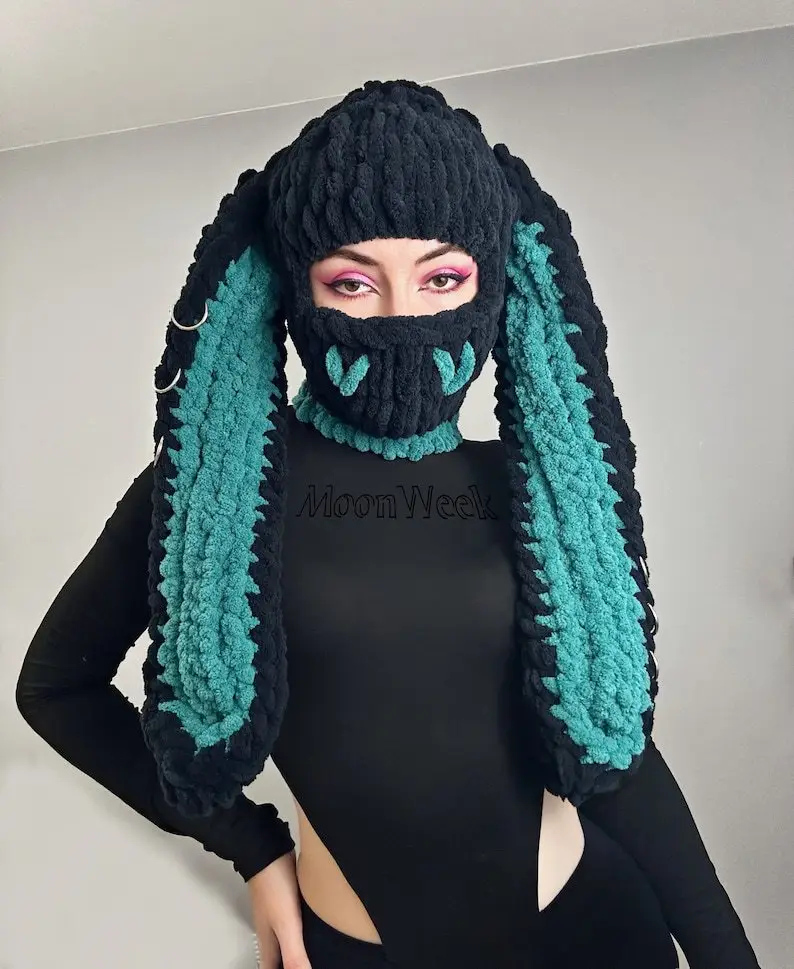 Devil Horn Knitted Warm Headmask with Big Rabbit Ears - Image 15