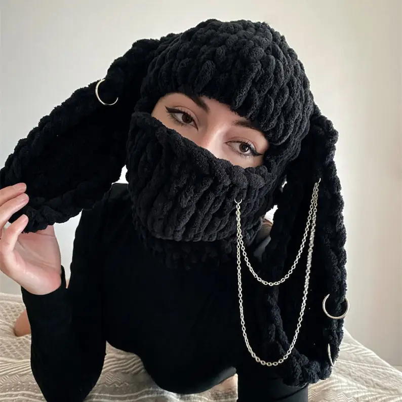 Devil Horn Knitted Warm Headmask with Big Rabbit Ears - Image 17