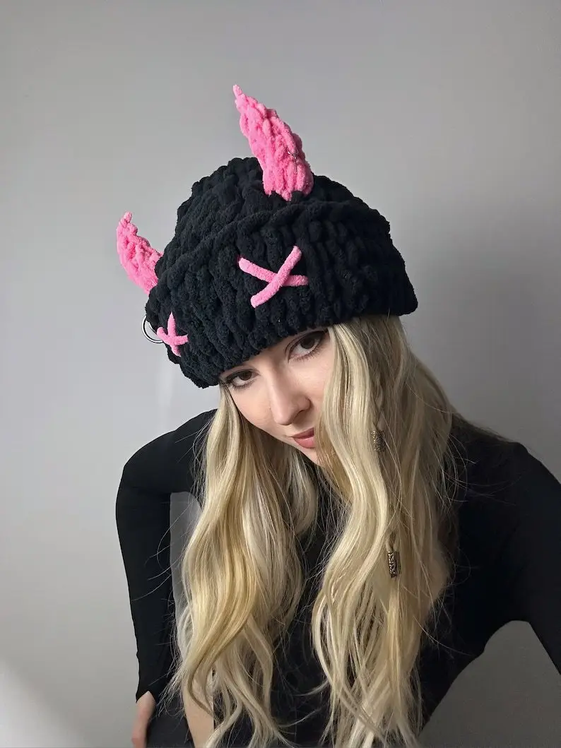 Devil Horn Knitted Warm Headmask with Big Rabbit Ears - Image 21