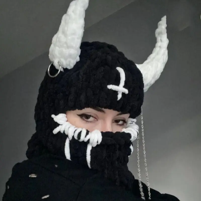 Devil Horn Knitted Warm Headmask with Big Rabbit Ears - Image 22