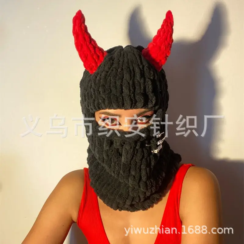 Devil Horn Knitted Warm Headmask with Big Rabbit Ears - Image 4