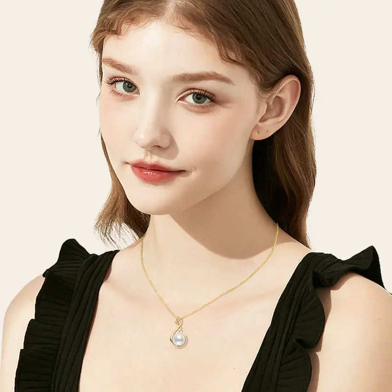 14K Gold Pearl Swan Necklace for Women