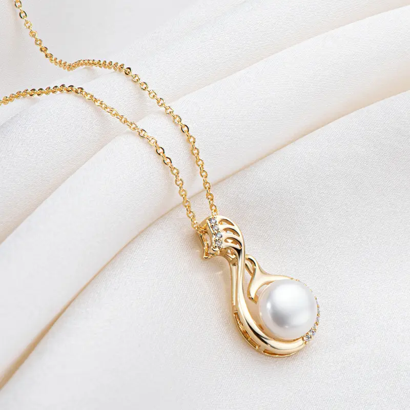 14K Gold Pearl Swan Necklace for Women
