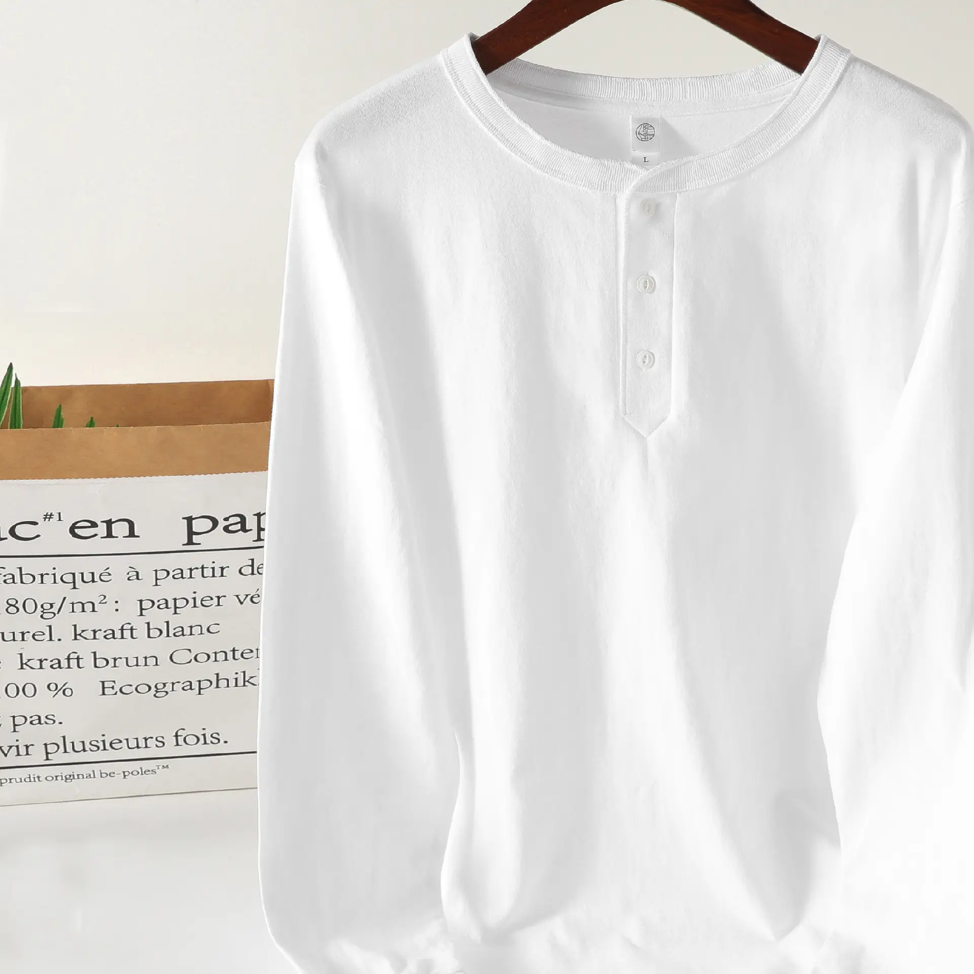 Men's White Henry Collar Long Sleeve T-Shirt 250g