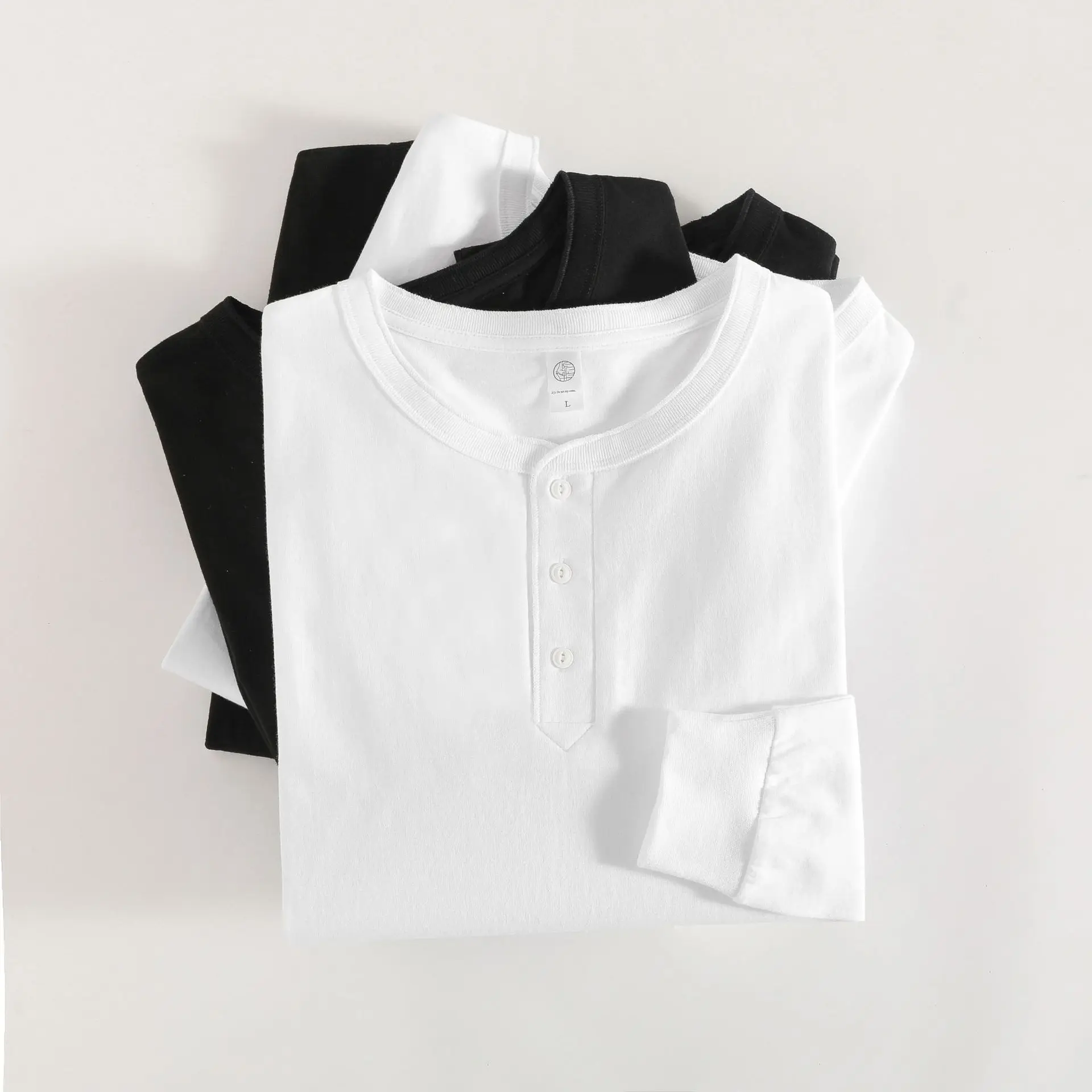 Men's White Henry Collar Long Sleeve T-Shirt 250g